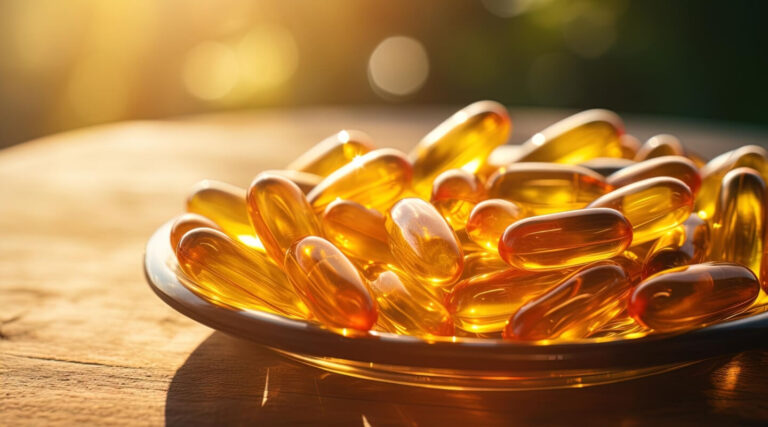 Omega-3 capsules with brain model background highlighting mental health support.