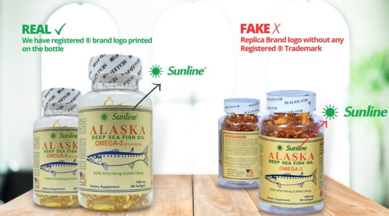 Detailed view of Sunline® Alaska Fish Oil label with trademark and FSSAI mark